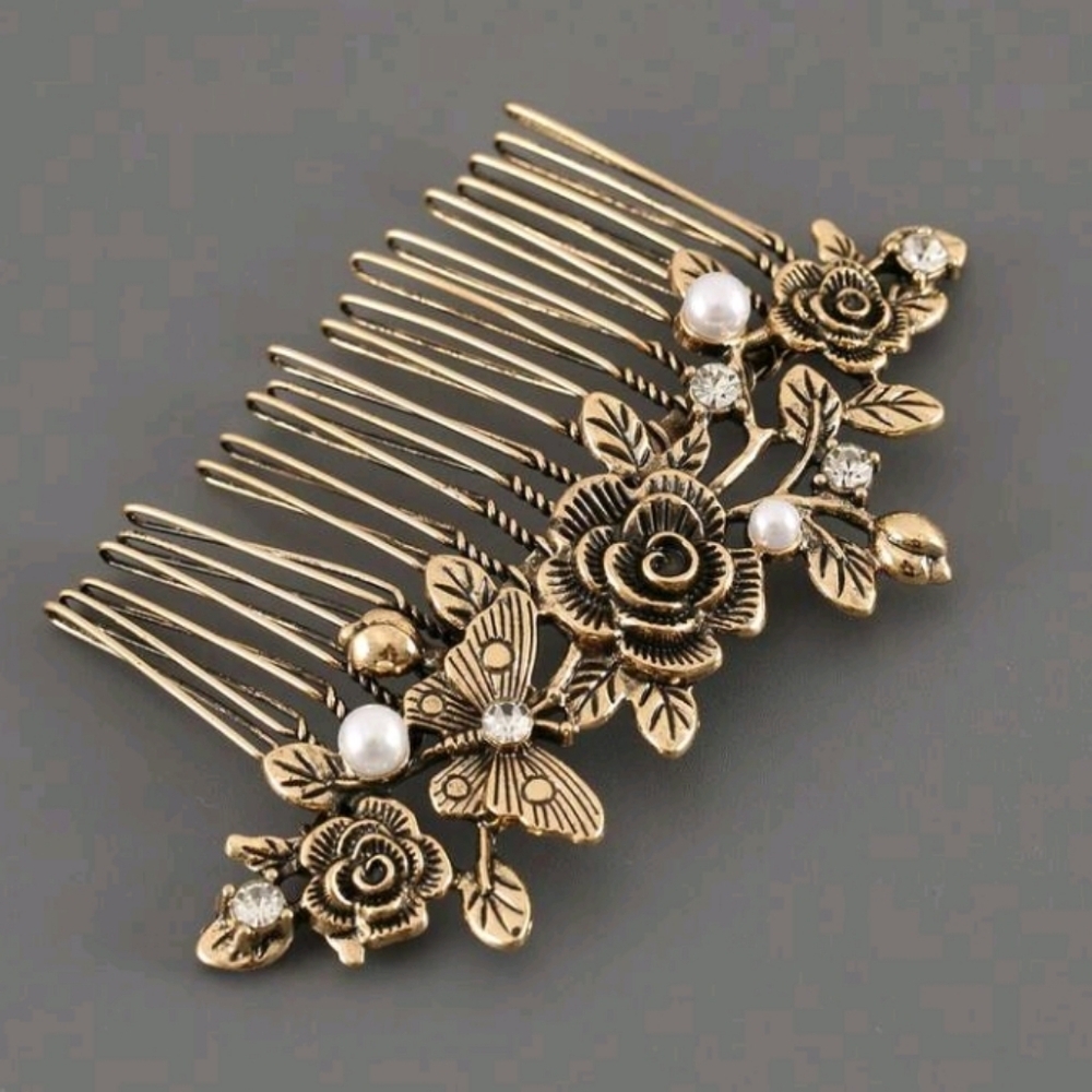Bridal Vintage Comb Gold Floral Faux Pearl Rhinestone Wedding Hair Comb